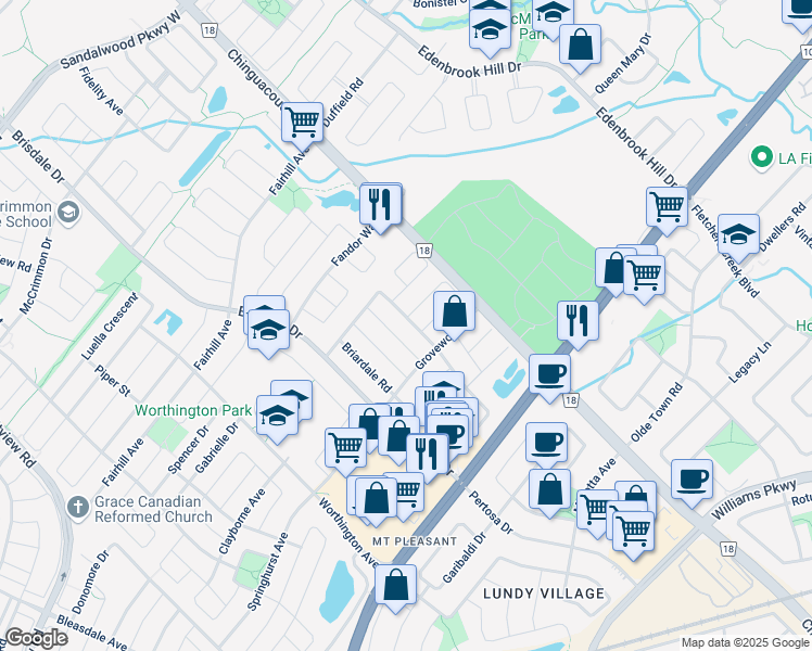 map of restaurants, bars, coffee shops, grocery stores, and more near 20 Linderwood Drive in Brampton