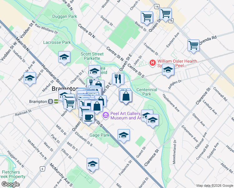 map of restaurants, bars, coffee shops, grocery stores, and more near 18 Mary Street in Brampton