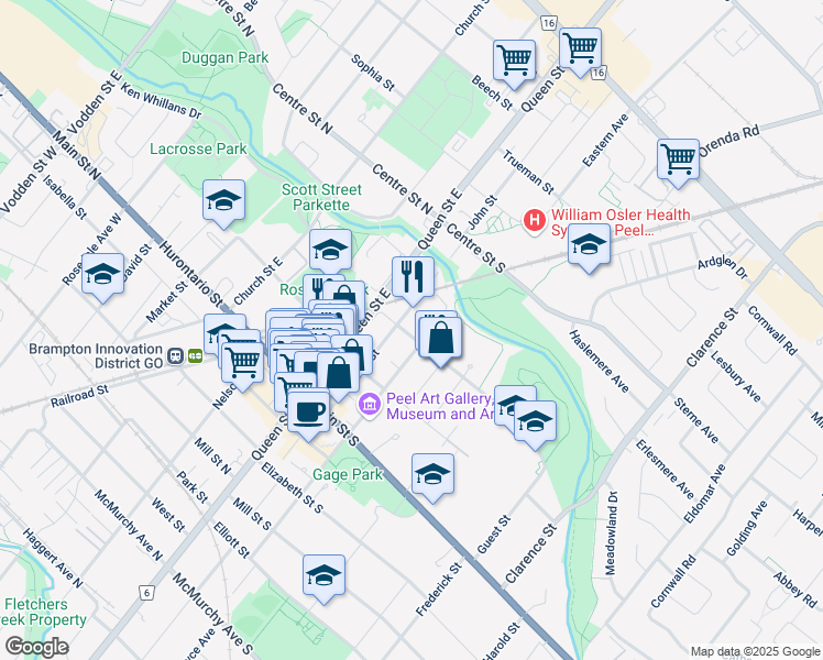 map of restaurants, bars, coffee shops, grocery stores, and more near 18 Mary Street in Brampton