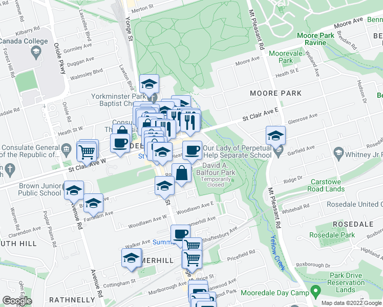 map of restaurants, bars, coffee shops, grocery stores, and more near 107 Pleasant Boulevard in Toronto