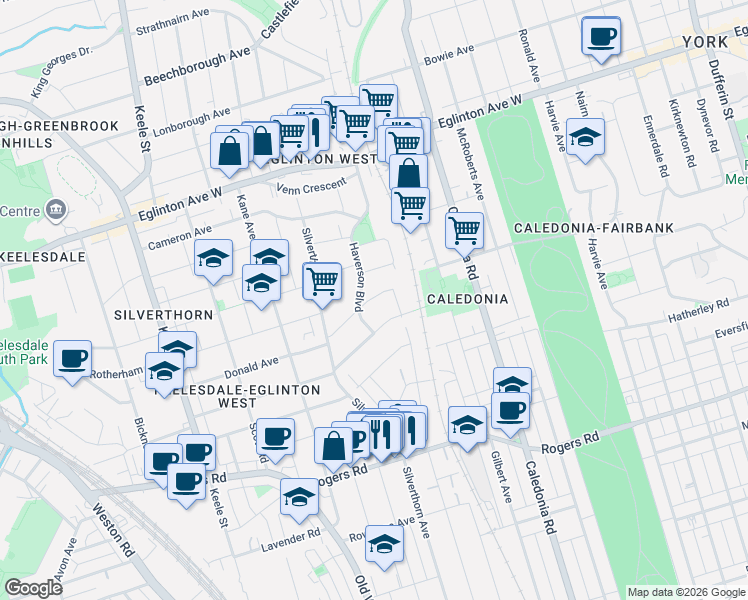 map of restaurants, bars, coffee shops, grocery stores, and more near 9 Donald Avenue in Toronto