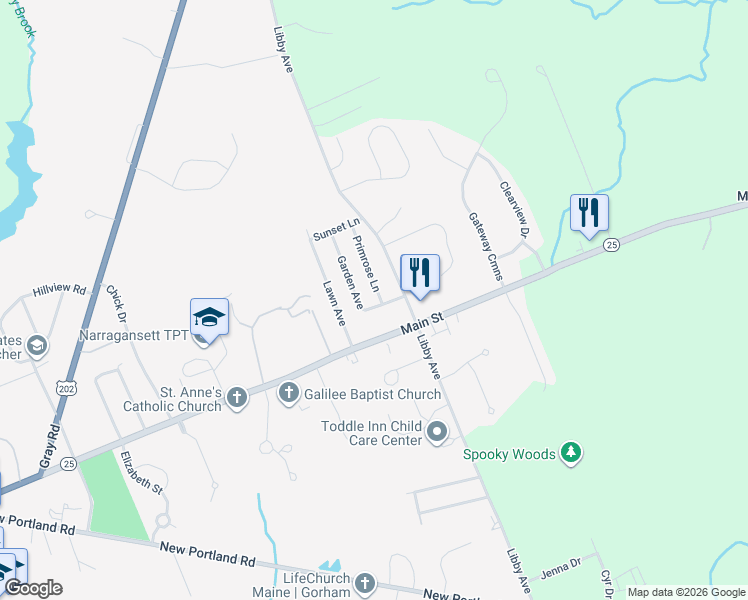 map of restaurants, bars, coffee shops, grocery stores, and more near 2 Primrose Lane in Gorham