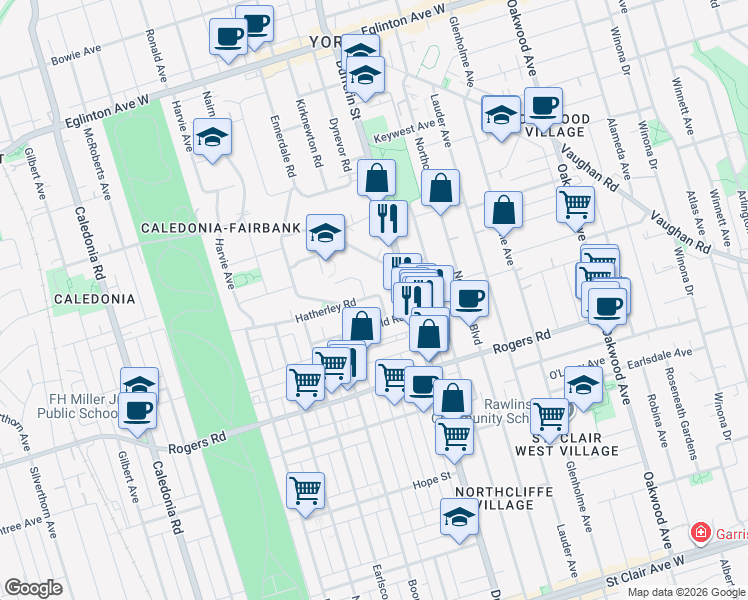 map of restaurants, bars, coffee shops, grocery stores, and more near 29 Hatherley Road in Toronto