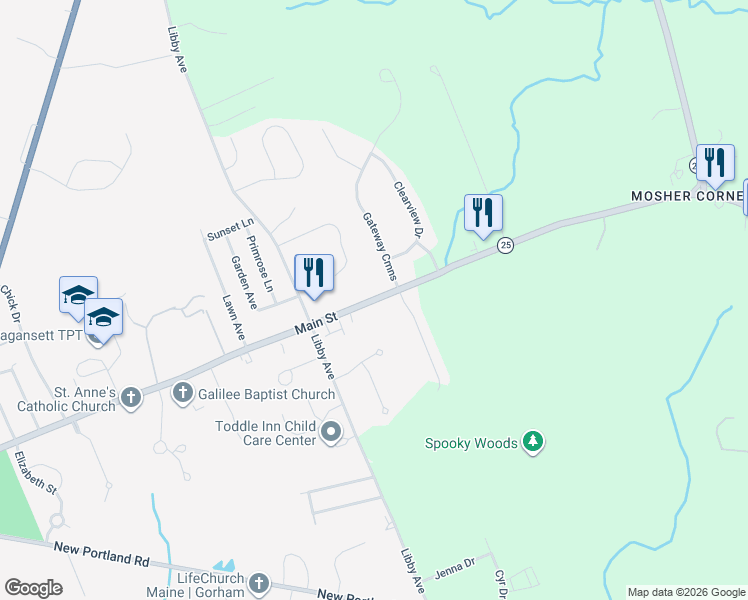 map of restaurants, bars, coffee shops, grocery stores, and more near 410 Main Street in Gorham