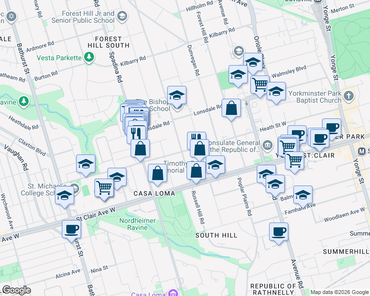 map of restaurants, bars, coffee shops, grocery stores, and more near 293 Russell Hill Road in Toronto
