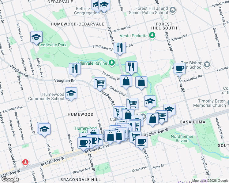 map of restaurants, bars, coffee shops, grocery stores, and more near 17 Claxton Boulevard in Toronto