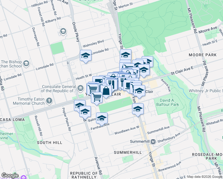 map of restaurants, bars, coffee shops, grocery stores, and more near 60 Saint Clair Avenue West in Toronto