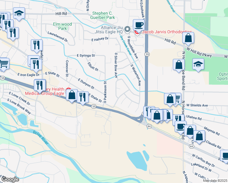 map of restaurants, bars, coffee shops, grocery stores, and more near 863 South Silver Bow Avenue in Eagle