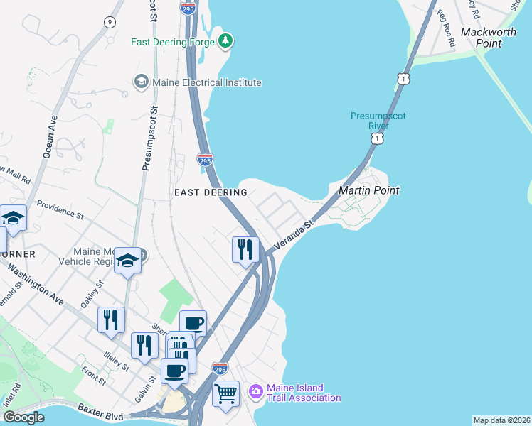 map of restaurants, bars, coffee shops, grocery stores, and more near 44 Olympia Street in Portland