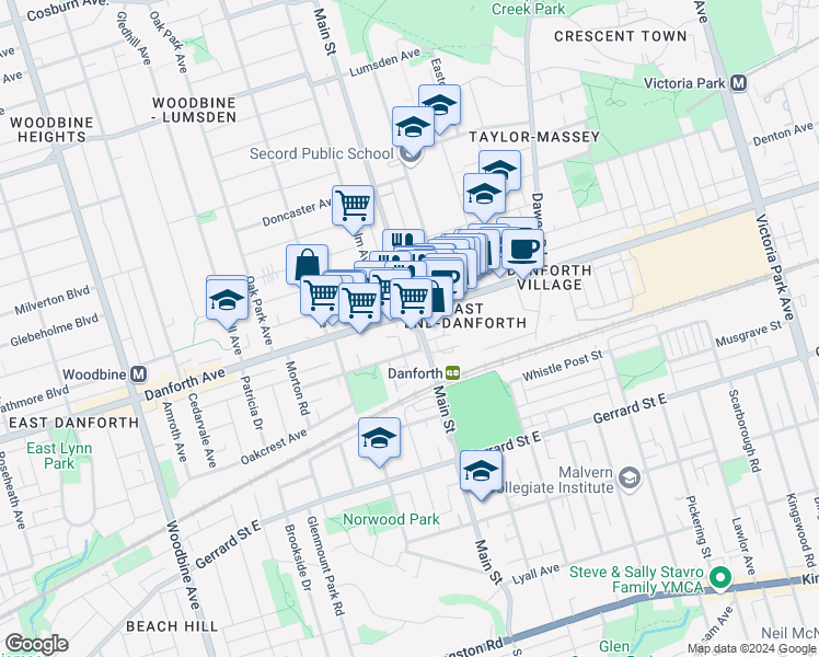 map of restaurants, bars, coffee shops, grocery stores, and more near in Toronto