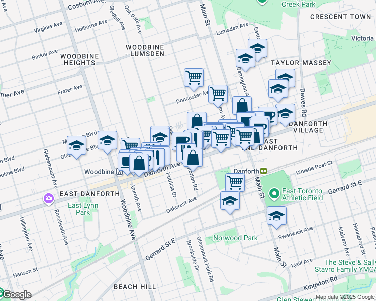 map of restaurants, bars, coffee shops, grocery stores, and more near 2320 Danforth Avenue in Toronto