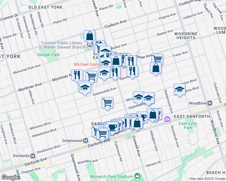 map of restaurants, bars, coffee shops, grocery stores, and more near in Toronto
