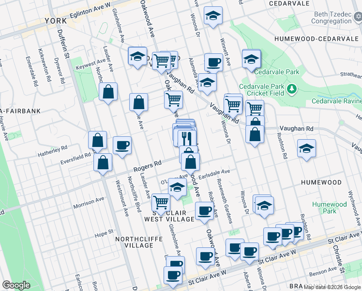 map of restaurants, bars, coffee shops, grocery stores, and more near in Toronto