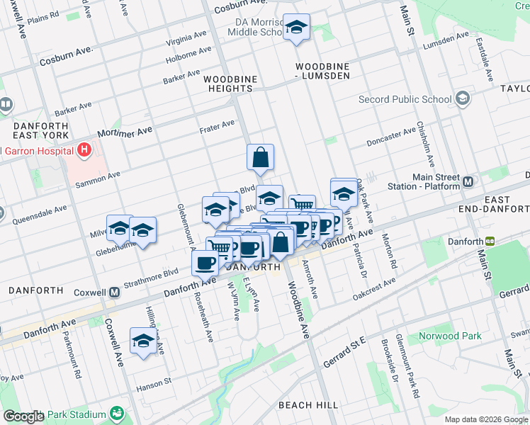 map of restaurants, bars, coffee shops, grocery stores, and more near in Toronto