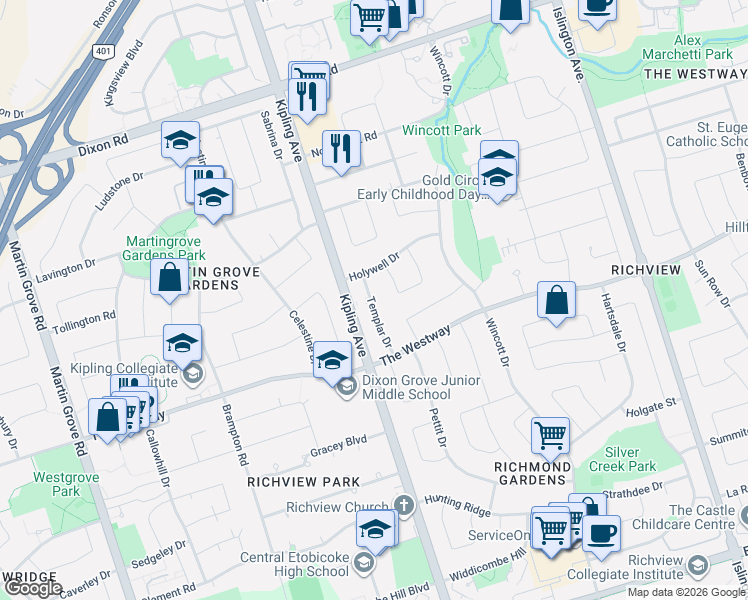 map of restaurants, bars, coffee shops, grocery stores, and more near 9 Templar Drive in Toronto