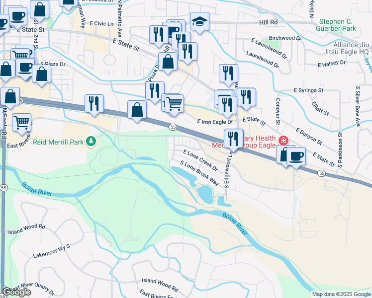 map of restaurants, bars, coffee shops, grocery stores, and more near 1192 East Lone Creek Drive in Eagle