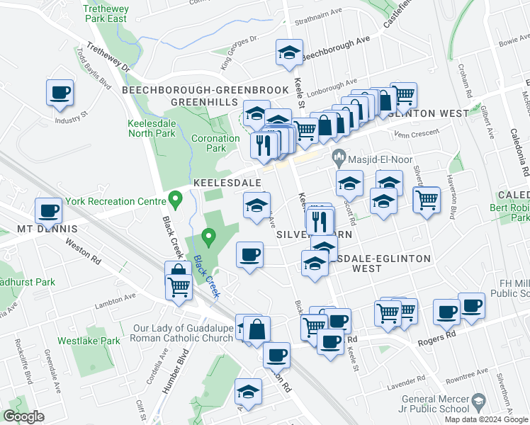 map of restaurants, bars, coffee shops, grocery stores, and more near 210 Bicknell Avenue in Toronto