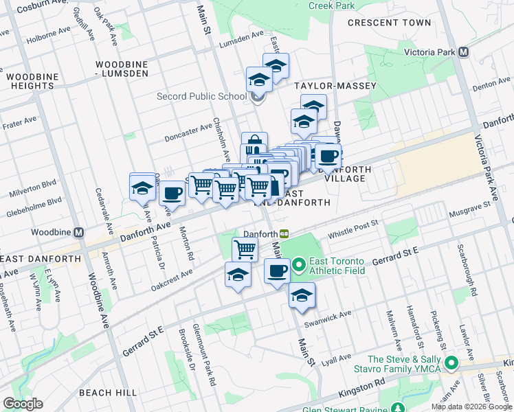 map of restaurants, bars, coffee shops, grocery stores, and more near 296 Main Street in Toronto