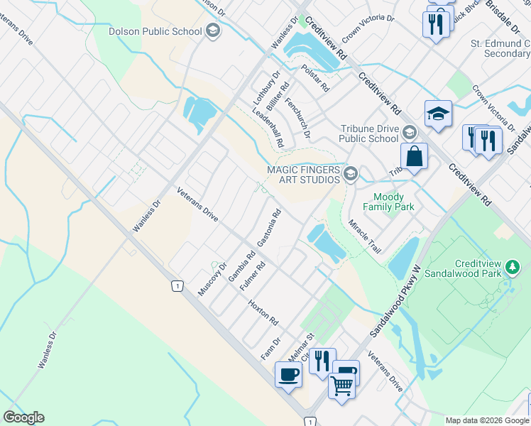 map of restaurants, bars, coffee shops, grocery stores, and more near 26 Gastonia Road in Brampton