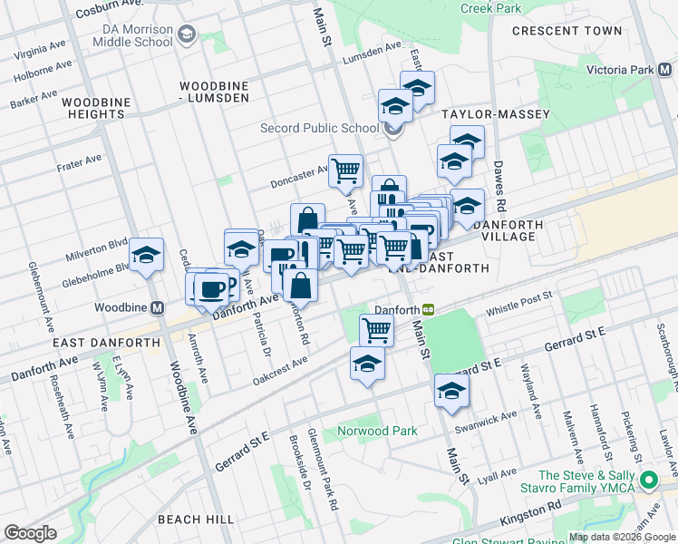 map of restaurants, bars, coffee shops, grocery stores, and more near 2442 Danforth Avenue in Toronto