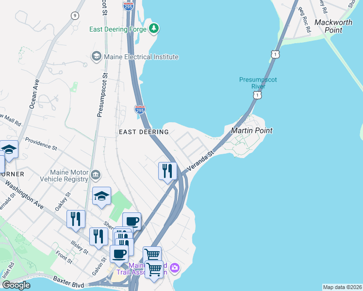 map of restaurants, bars, coffee shops, grocery stores, and more near 44 Olympia Street in Portland