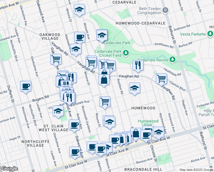map of restaurants, bars, coffee shops, grocery stores, and more near 139 Winnett Avenue in Toronto