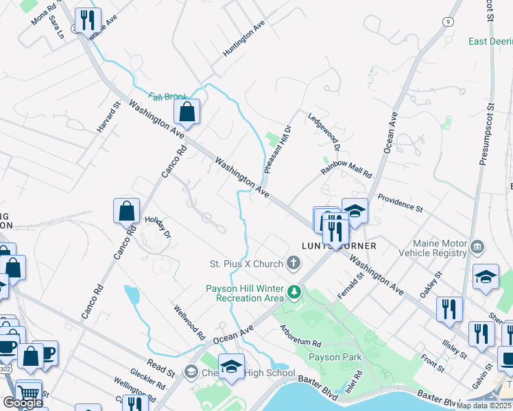map of restaurants, bars, coffee shops, grocery stores, and more near 12 Pineledge Terrace in Portland