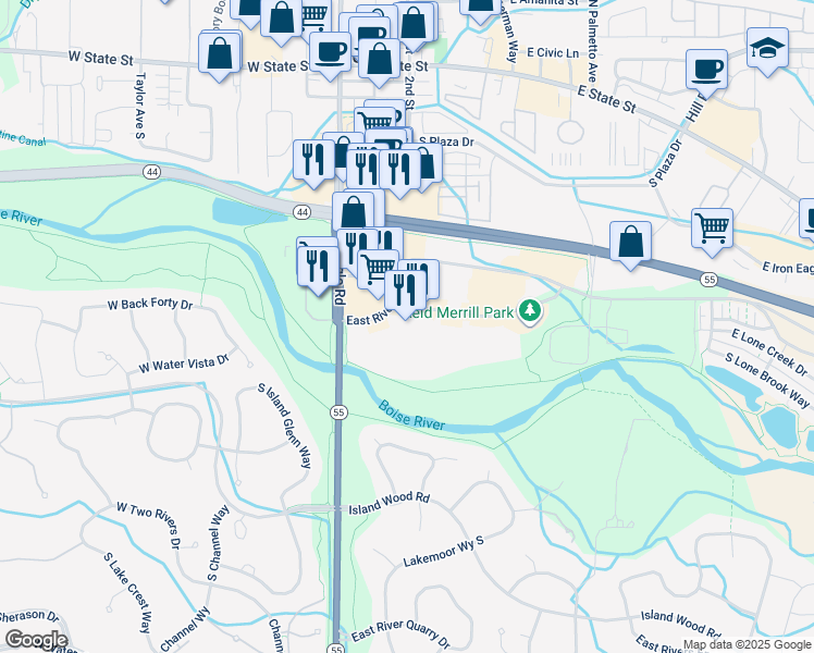 map of restaurants, bars, coffee shops, grocery stores, and more near 291 East Shore Drive in Eagle