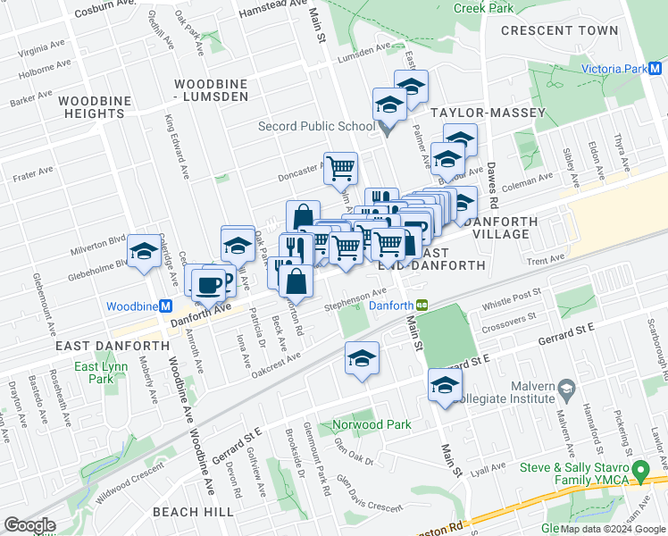 map of restaurants, bars, coffee shops, grocery stores, and more near 2438 Danforth Avenue in Toronto
