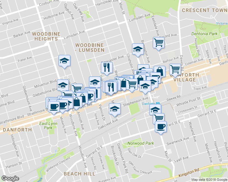 map of restaurants, bars, coffee shops, grocery stores, and more near 25 Harris Avenue in Toronto
