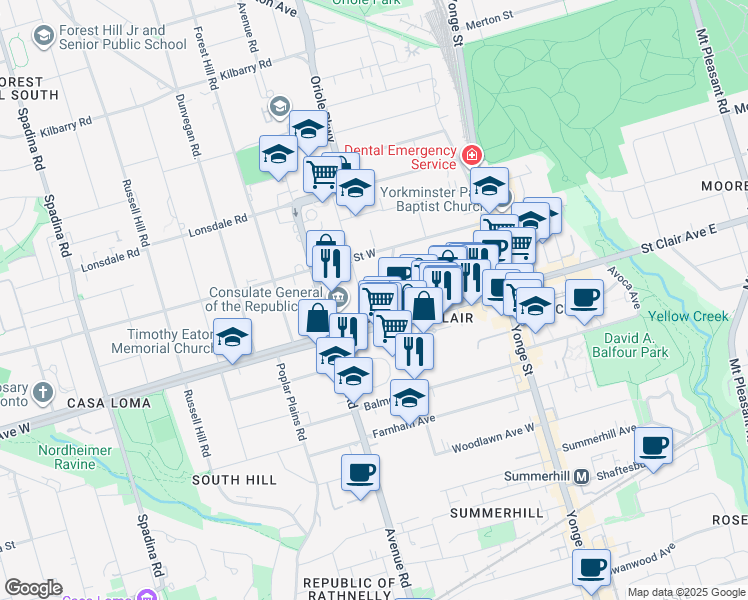 map of restaurants, bars, coffee shops, grocery stores, and more near 23 Oriole Road in Toronto