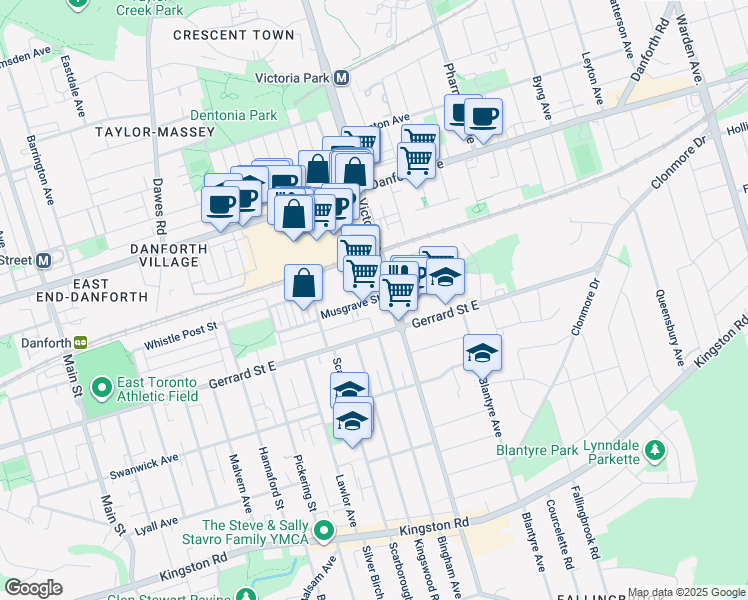 map of restaurants, bars, coffee shops, grocery stores, and more near 27 Musgrave Street in Toronto