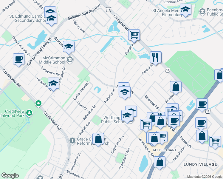 map of restaurants, bars, coffee shops, grocery stores, and more near 108 Fairhill Avenue in Brampton