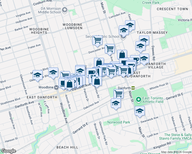 map of restaurants, bars, coffee shops, grocery stores, and more near 25 Harris Avenue in Toronto