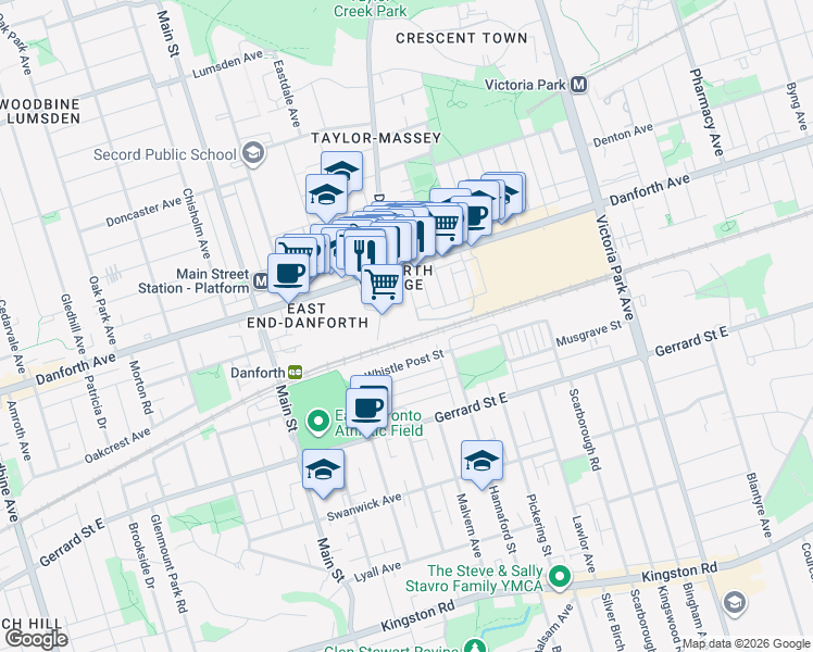 map of restaurants, bars, coffee shops, grocery stores, and more near 8 Trent Avenue in Toronto
