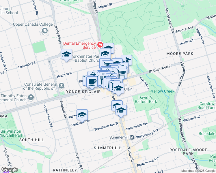 map of restaurants, bars, coffee shops, grocery stores, and more near 1 Saint Clair Avenue West in Toronto