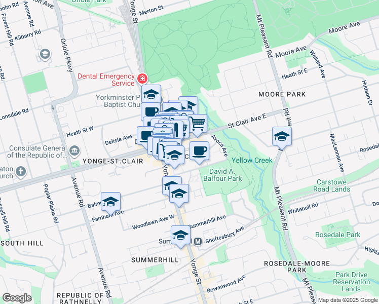 map of restaurants, bars, coffee shops, grocery stores, and more near 60 Pleasant Boulevard in Toronto