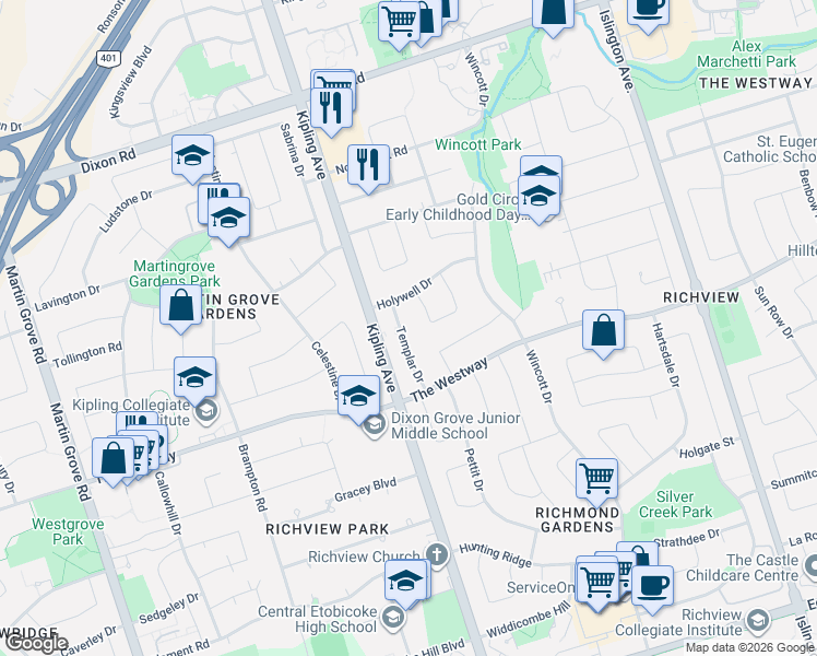 map of restaurants, bars, coffee shops, grocery stores, and more near 9 Templar Drive in Toronto