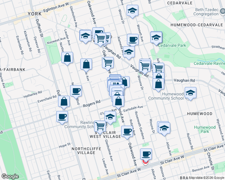 map of restaurants, bars, coffee shops, grocery stores, and more near 388 Oakwood Avenue in Toronto