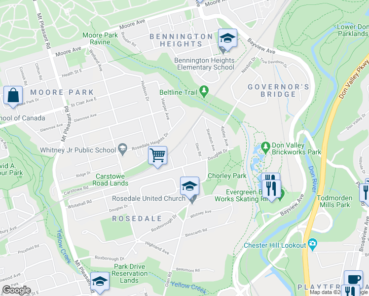map of restaurants, bars, coffee shops, grocery stores, and more near 30 Edgewood Crescent in Toronto