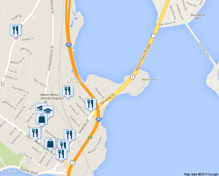 map of restaurants, bars, coffee shops, grocery stores, and more near 12 Victoria Street in Portland