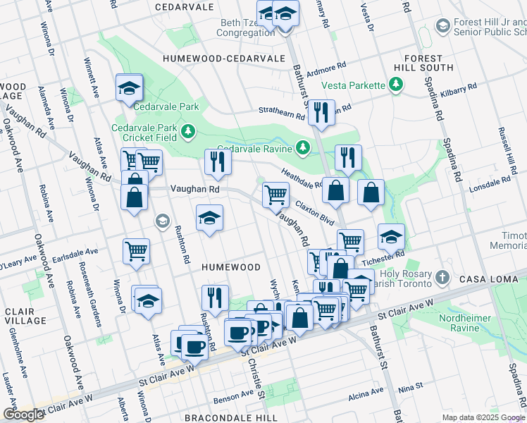 map of restaurants, bars, coffee shops, grocery stores, and more near in Toronto