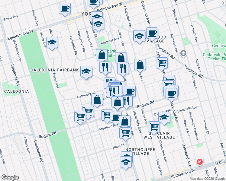 map of restaurants, bars, coffee shops, grocery stores, and more near in Toronto