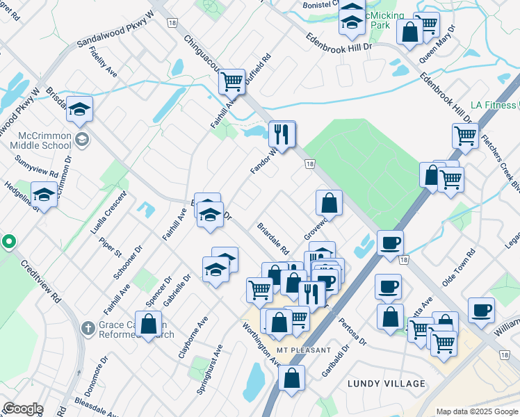 map of restaurants, bars, coffee shops, grocery stores, and more near 55 Linderwood Drive in Brampton