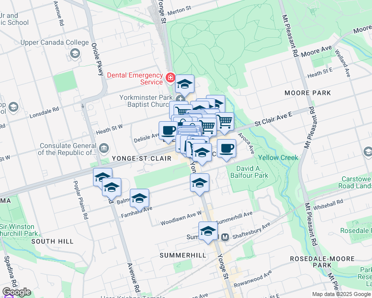 map of restaurants, bars, coffee shops, grocery stores, and more near 25 Saint Clair Avenue East in Toronto
