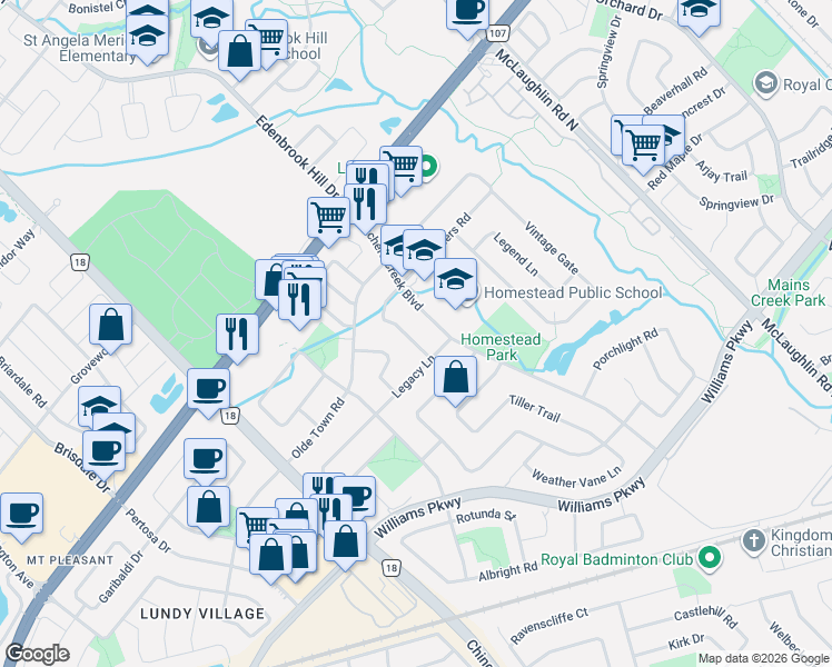 map of restaurants, bars, coffee shops, grocery stores, and more near 15 Gold Hill Road in Brampton