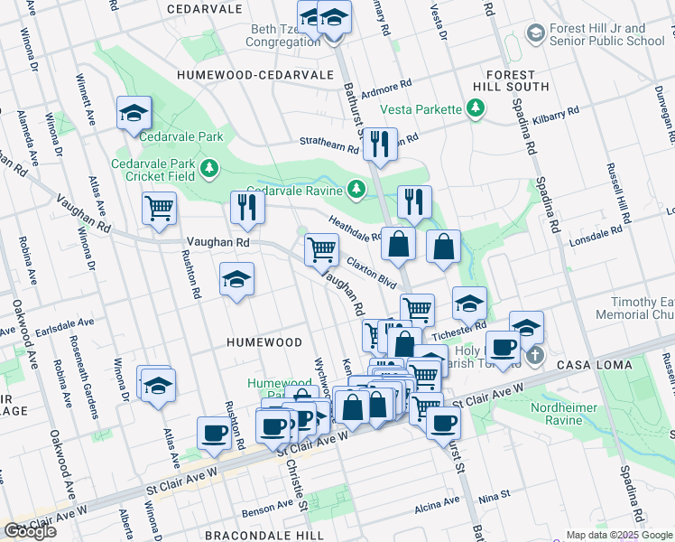 map of restaurants, bars, coffee shops, grocery stores, and more near 227 Vaughan Road in Toronto