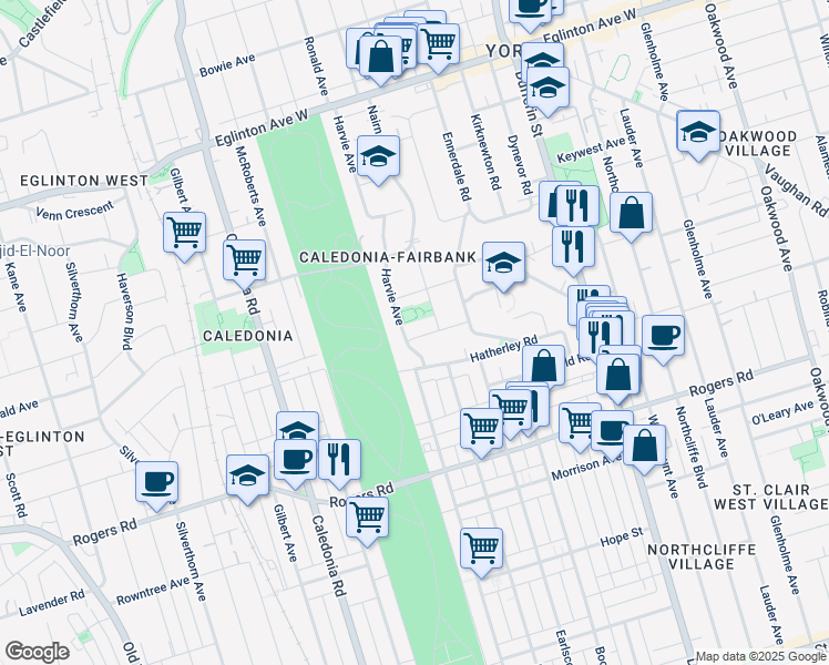 map of restaurants, bars, coffee shops, grocery stores, and more near 28 Rochdale Avenue in Toronto