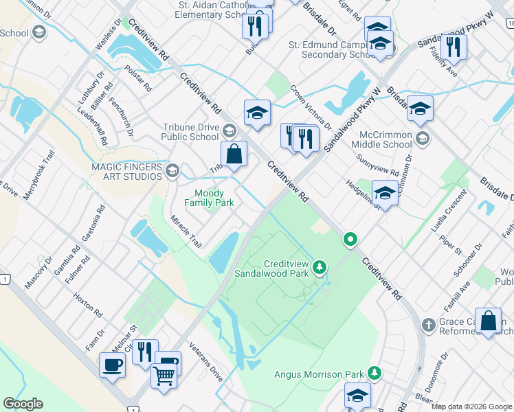 map of restaurants, bars, coffee shops, grocery stores, and more near 9 Vanhorne Close in Brampton