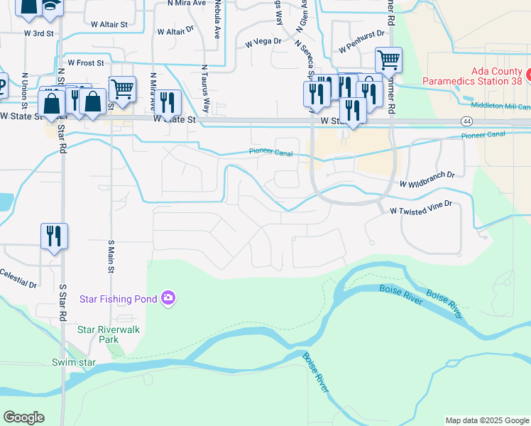 map of restaurants, bars, coffee shops, grocery stores, and more near 10201 West Twisted Vine Drive in Star
